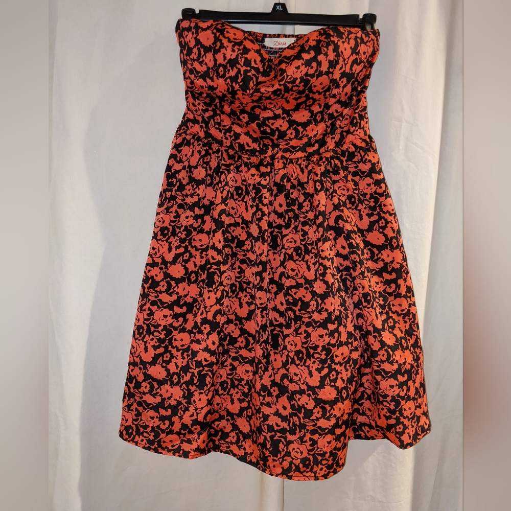 Diosa Charming Floral Black and Orange Strapless Dress Size M